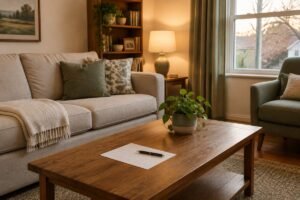 Sunday reset routine: a tidy living room with a folded throw on the sofa and a printed checklist on the coffee table