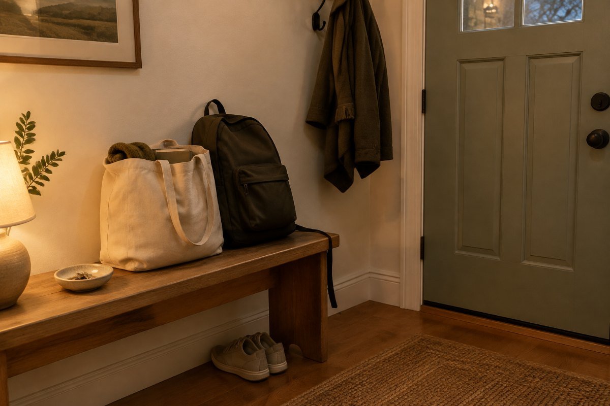 Bags and keys ready by the door on Sunday evening as the last step of a weekly reset