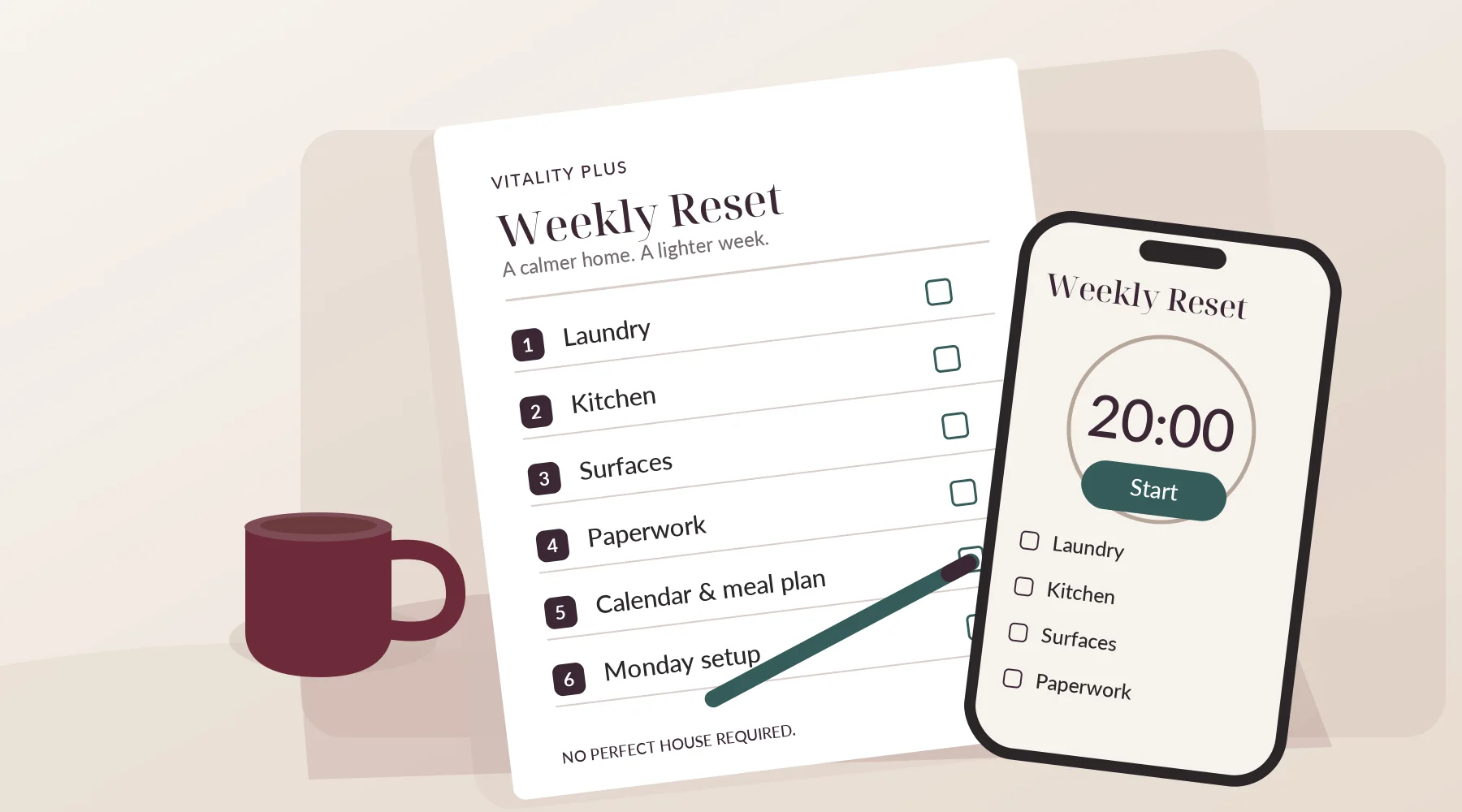 Illustration of the Weekly Reset checklist beside a phone showing a 20-minute timer and a burgundy mug